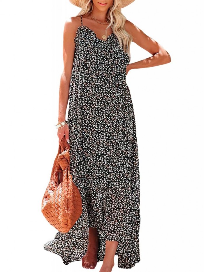 Womens Summer High Low Ruffle Maxi Dress Spaghetti Strap Print Flowy Beach Long Dress 