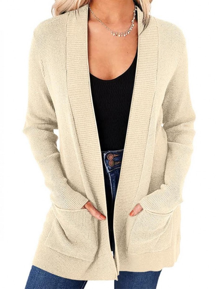 Womens Long Sleeve Casual Loose Knit Open Front Solid Soft Chunky Sweater Cardigan with Pocket 