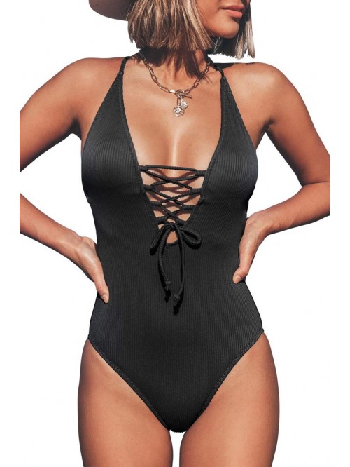 Women's Solid Color V Neck Lace Up One Piece Swims...