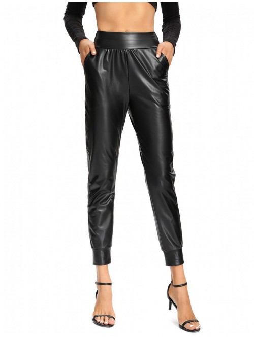 Womens Faux Leather Pants Elastic Waisted Casual T...