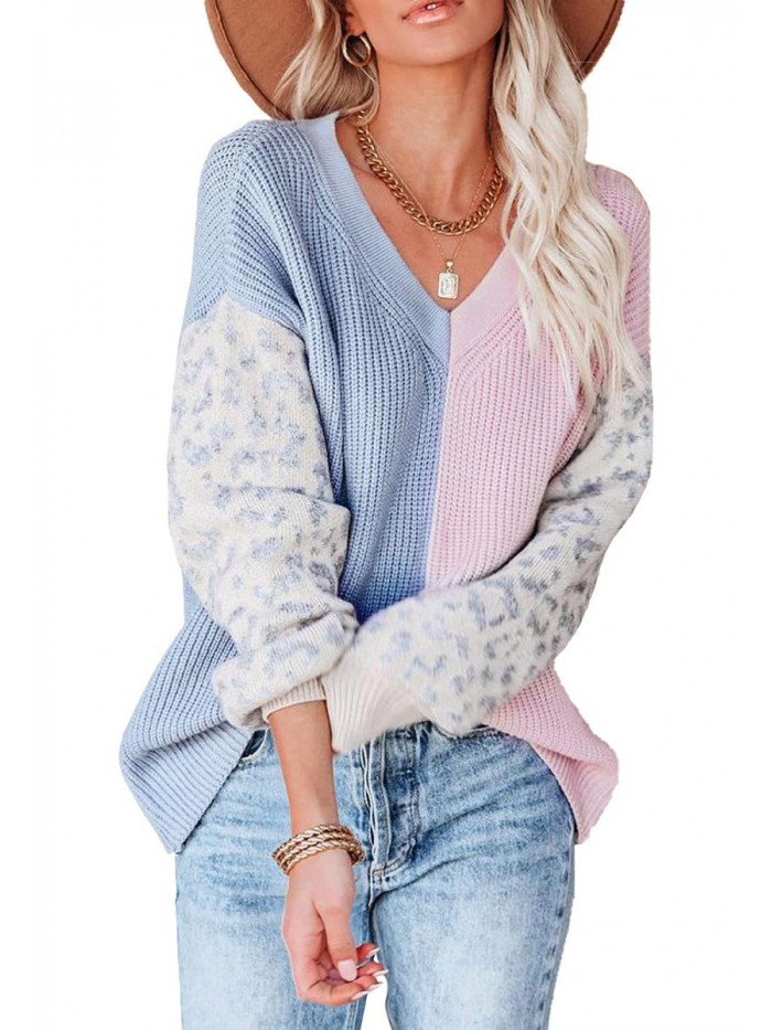 Women’s V Neck Sweater Pullover Leopard Long Sleeve Basic Color Block Jumper Casual Knitted Tops 