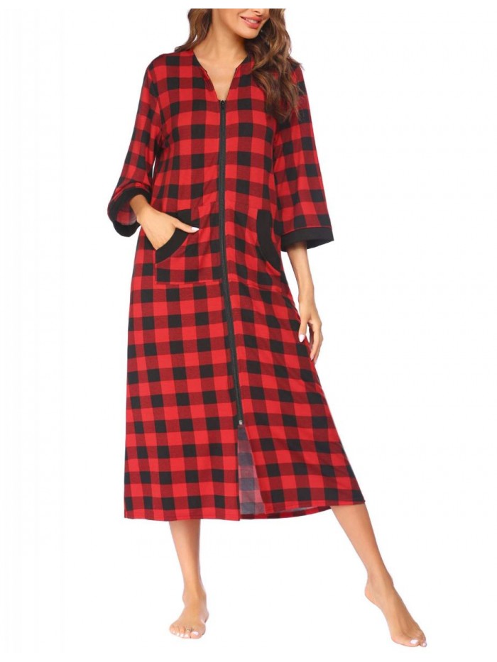 Women Zipper Robe 3/4 Sleeves Loungewear Full Length Sleepwear Pockets Housecoat Long Soft Bathrobe 