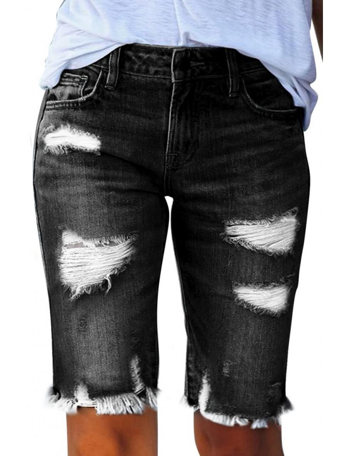 Women Bermuda Shorts Denim Destroyed Raw Hem Shorts Jeans 