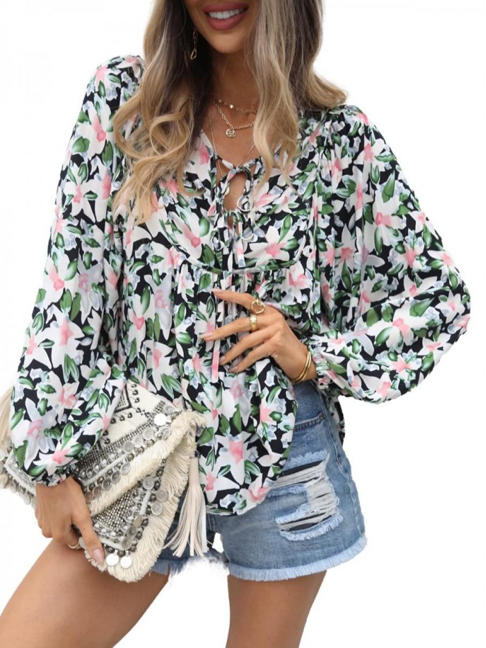 Women's Floral Ruffled Tunic Blouse Tie V Neck Casual Long Sleeve Babydoll Peplum Tops 