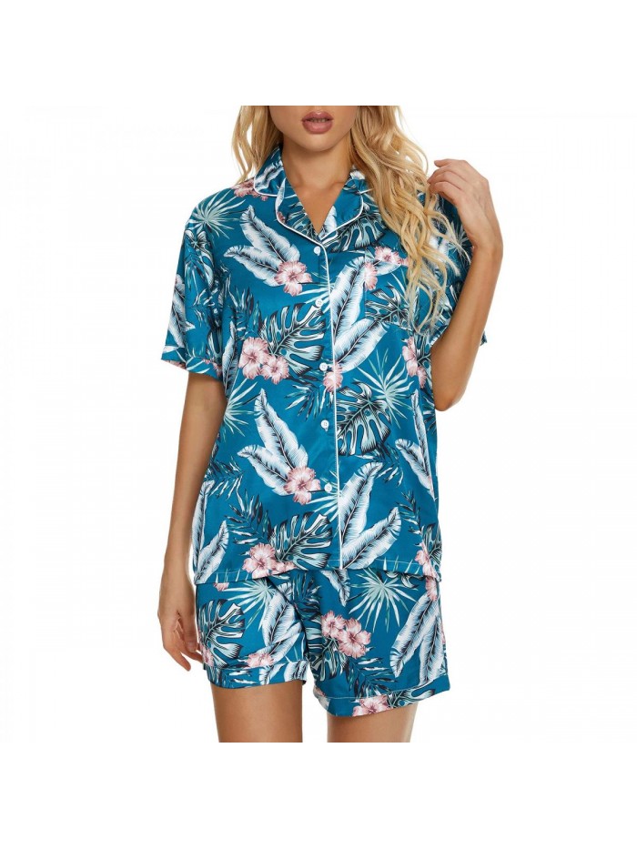 Silk Satin Pajamas Set, Short Sleeve Sleepwear with Shorts Button Down Loungewear Two Piece Pj Sets 