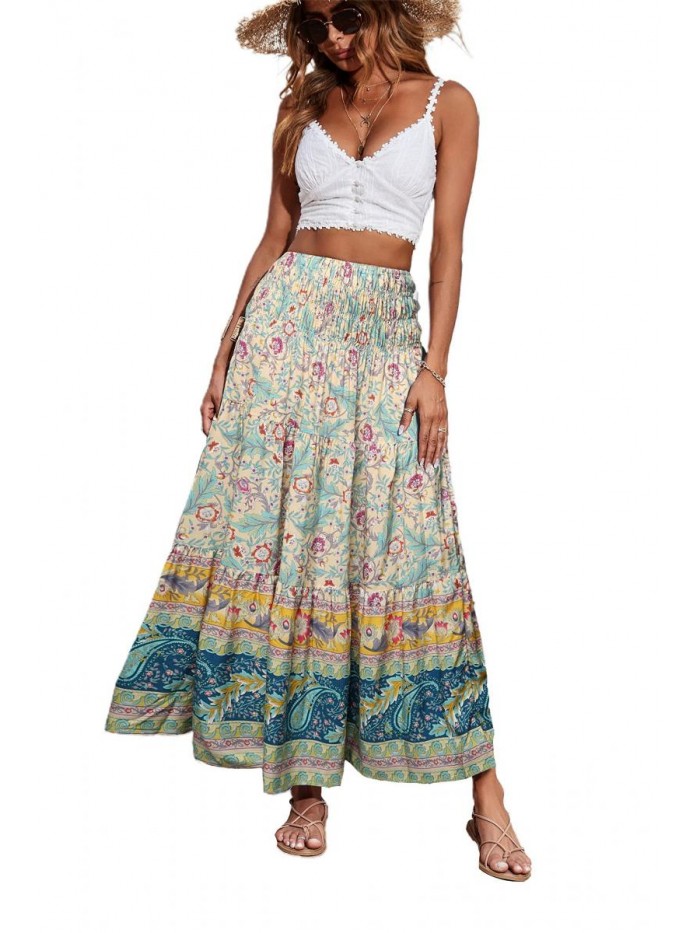 Women Boho Ditsy Floral Elastic High Waisted Maxi Dress Skirt Flowy Long Pleated Skirt A Line Long Skirt 
