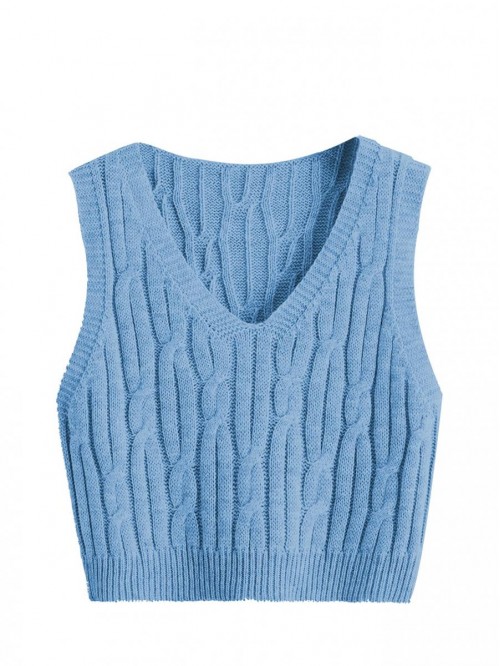 Romwe Women's Cable Knit Crop Sweater Vest Preppy ...