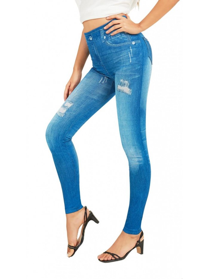 Jeggings for Women-High Waisted Denim Jean Leggings with Pockets Soft Stretch Tummy Control Pants 