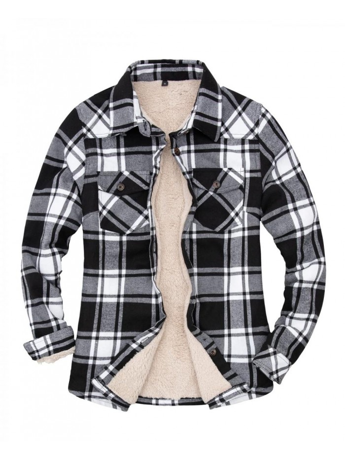 Womens Sherpa Lined Flannel Jacket with Hand Pockets, Plaid Button Down Fuzzy Shirt Jackets 