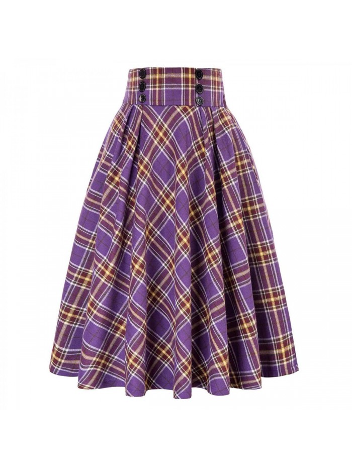 Fashion Long Skirts for Womens Plaid Pleated Skirt Vintage Tartan Midi Swing Skirt with Pockets 