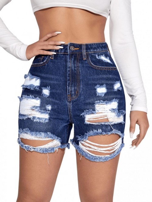 Women's Summer Denim Shorts Frayed Raw Hem Jeans S...