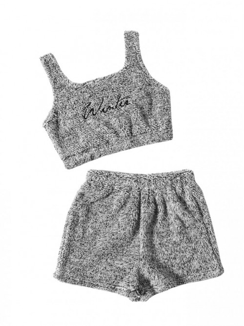 Women's Fluffy Pajamas Set Crop Tank Top with Shor...