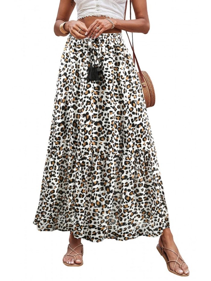 High Waisted Pleated Skirts for Women Leopard Print Maxi Dresses Long Skirt Flowy Swing Boho A-Line Summer Dress 