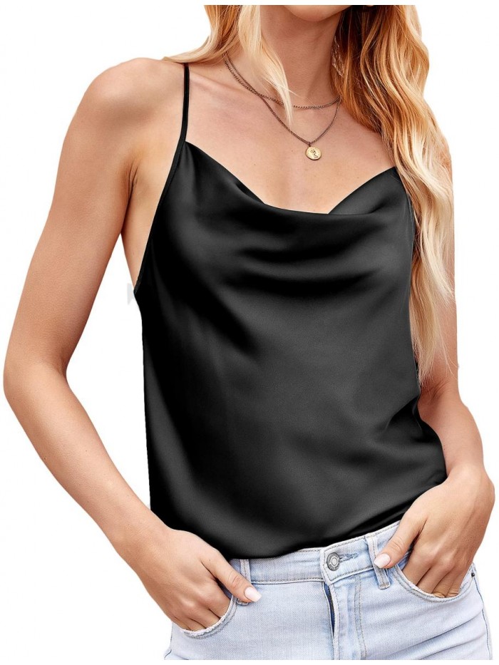Silk Camisole Tops for Women Cowl Neck Camis Satin Tank Top Sexy Spaghetti Strap Sleeveless Loose Blouse 