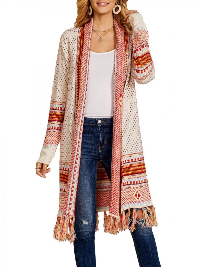 Women Boho Cardigan Sweater Long Open Front Maxi Knit Sweaters Aztec Tribal Tassel Fringe Thin Coat 