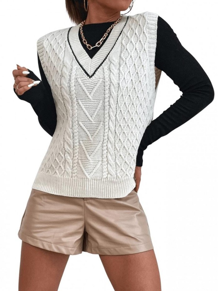 Women's Plaid Geo Sleeveless V Neck Knit Crop Top Sweater Vest 