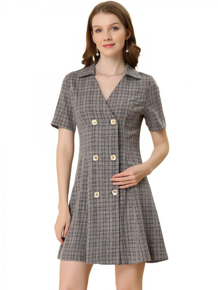 K Plaid Dresses for Women's Button Front Short Sleeve Double Breasted Blazer Dress 