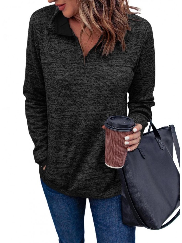 Women Casual Long Sleeve 1/4 Zipper Color Block Sweatshirts Stand Collar Pullover Tunic Tops with Pockets S-XXL 