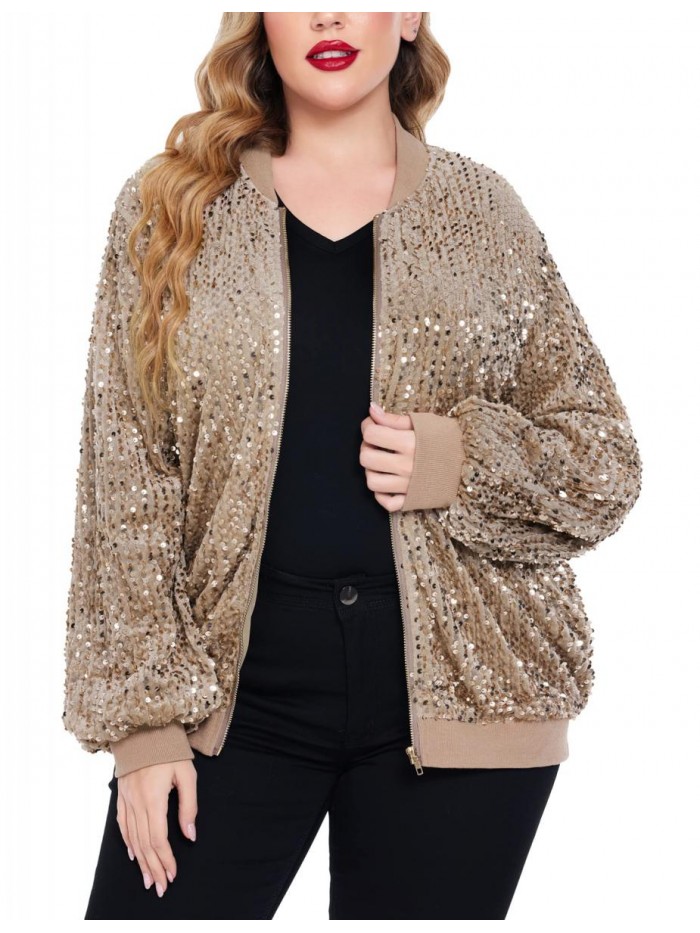 Womens Sequin Jacket Plus Size Sparkle Long Sleeve Jackets Front Zip Loose Casual Blazer Bomber Jacket 