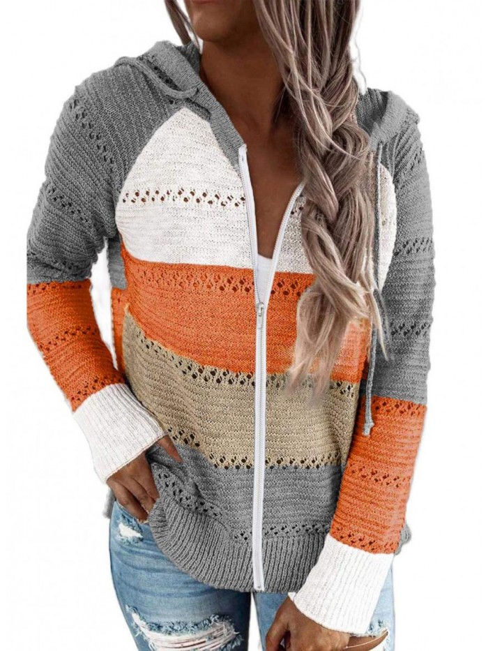Womens Long Sleeve Knit Sweater Zip Up Hoodie Jacket Lightweight Drawstring Color Block Sweatshirt 