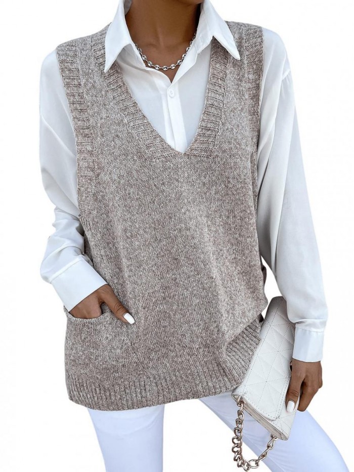 Women's V Neck Sleeveless Sweater Vests Dual Pocket Plain Knit Tops 
