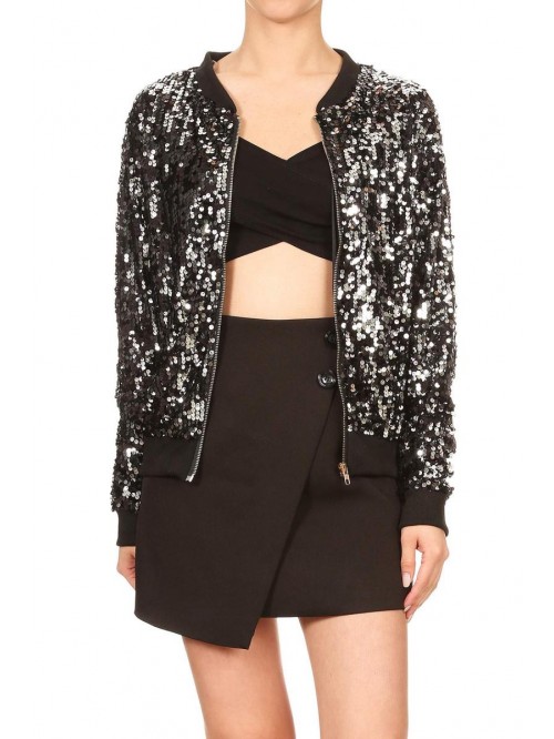 Womens Sequin Long Sleeve Front Zip Jacket with Ri...