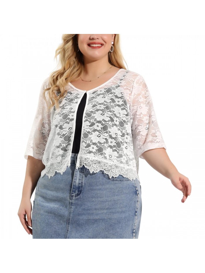 Orinda Plus Size Shrug Top for Women 1/2 Sleeve Floral Lace Kimono Open Front Sheer Shrug Tops Valentine Day 