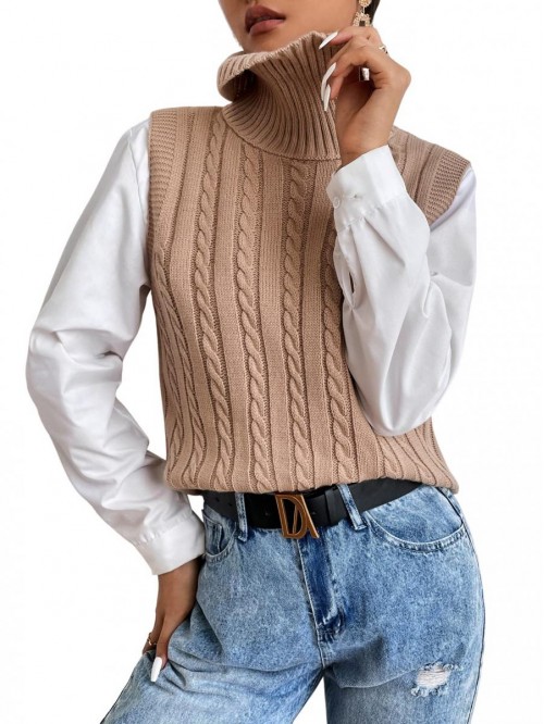 Women's Sweater Vest Cable Knit Turtleneck High Ne...