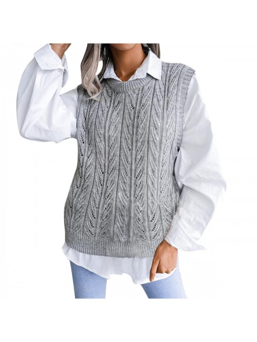 5665 Women Knit Sweater Vest with Shirt Crewneck H...