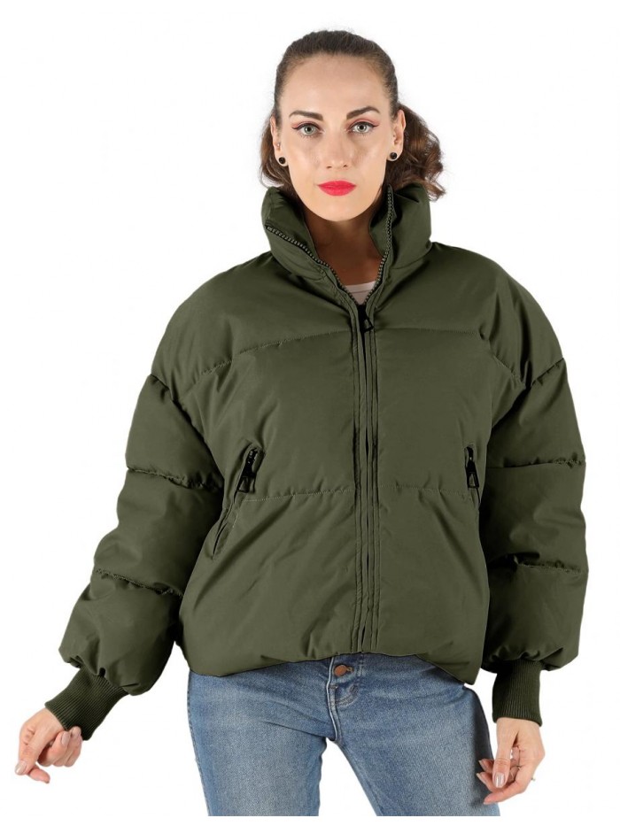 Puffer Jackets for Women Baggy Warm Stand Collar Long Sleeve Full Zip Short Puffy Down Jacket Coat 