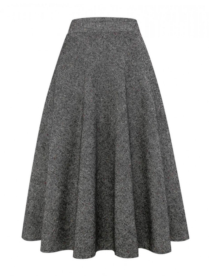 Womens High Elastic Waist Maxi Skirt A-line Plaid Winter Warm Flare Long Skirts 