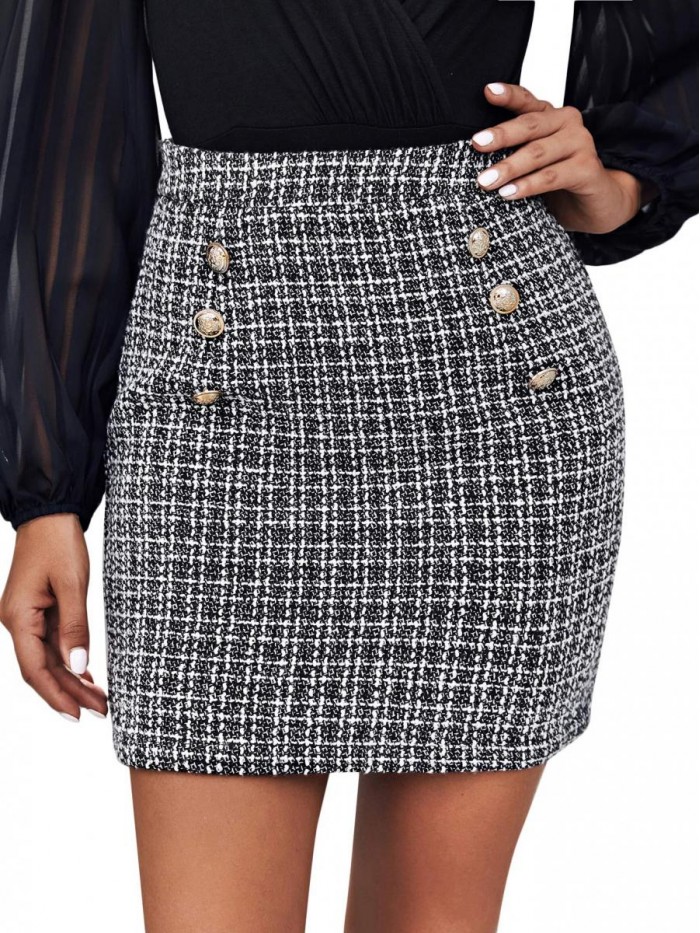 Women's Elegant High Waist A-line Plaid Tweed Mini Skirt 