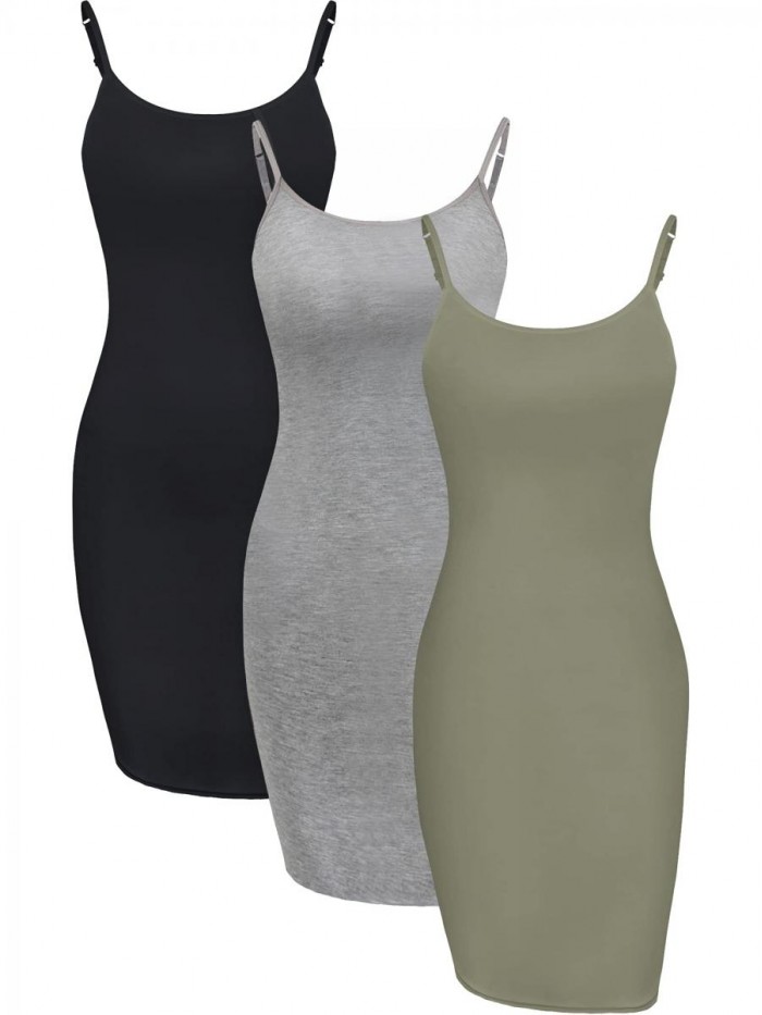 WILLBOND 3 Pieces Basic Cami Women Long Tanks Camisole Tank Top Dress Slip Dress with Spaghetti Strap, Solid Color