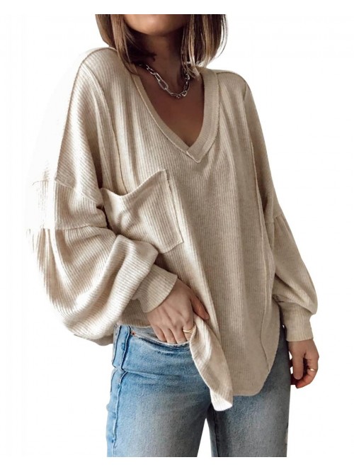 Women's Casual V Neck Ribbed Knitted Shirts Pullov...