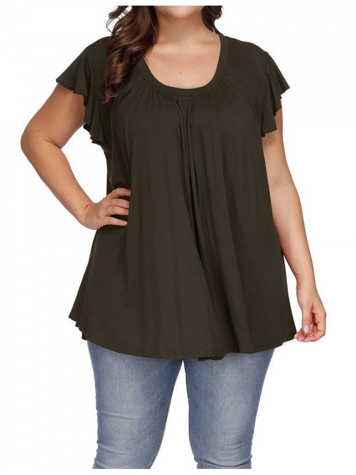 Women's Plus Size Top Short Sleeve Casual Ruffle Loose Pleated Flowy Summer T Shirts 