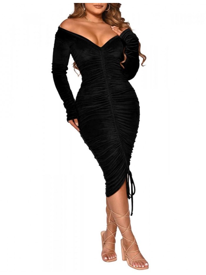 Womens Casual Ruched Long Sleeve Off Shoulder Bodycon Velvet Drawstring Long Midi Dress for Party Cocktail 