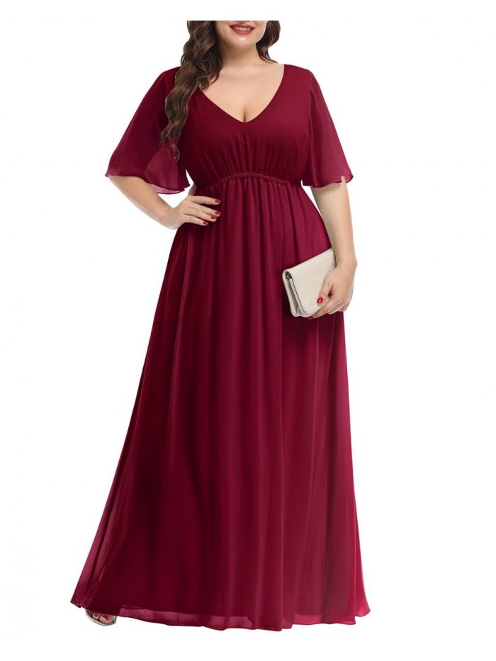 Fashion Women's Plus Size Chiffon Double V-Neck Empire Waist Ball Gowns for Evening Party Formal Maxi Dress 