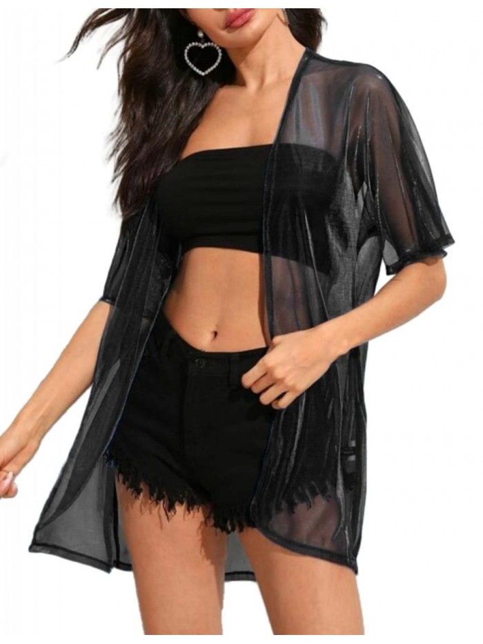 Womens Cardigan Beach Coverup Sheer Shiny Metallic Kimono Swimsuit Cover Ups Beachwear S-XXL 