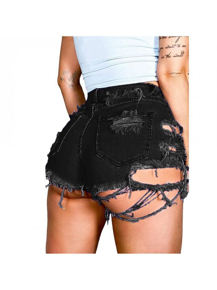 Women Summer Irregular Waist Jean Shorts with Pockets Frayed Ripped Holes Cute Sexy Hot Mini Denim Shorts 