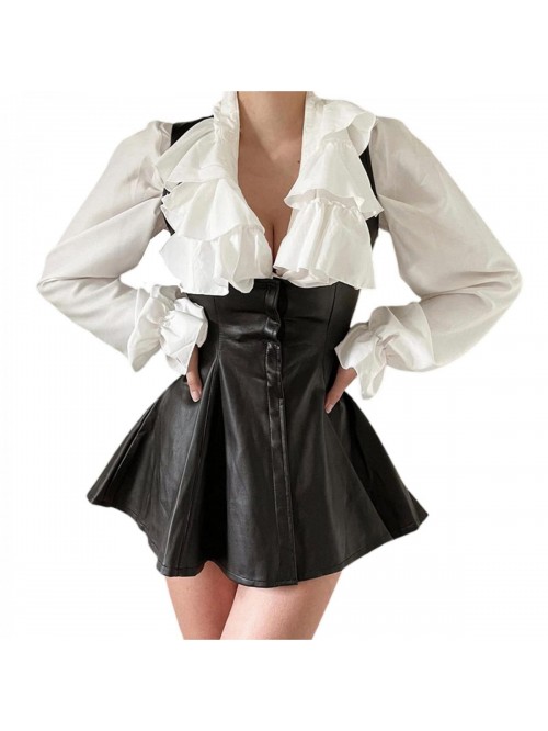 Women's Faux Leather Suspender Skirt Solid Black U...