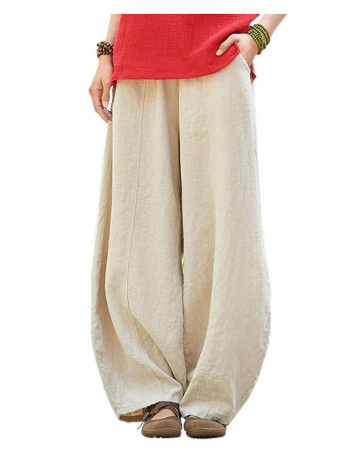 Women's Casual Cotton Linen Baggy Pants with Elast...