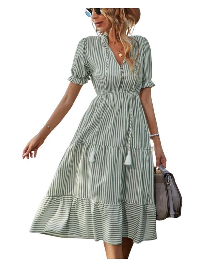 Women's Summer Ruffle Puff Sleeve Dress Short Sleeve V Neck High Waist Casual Loose Striped Midi Dresses 