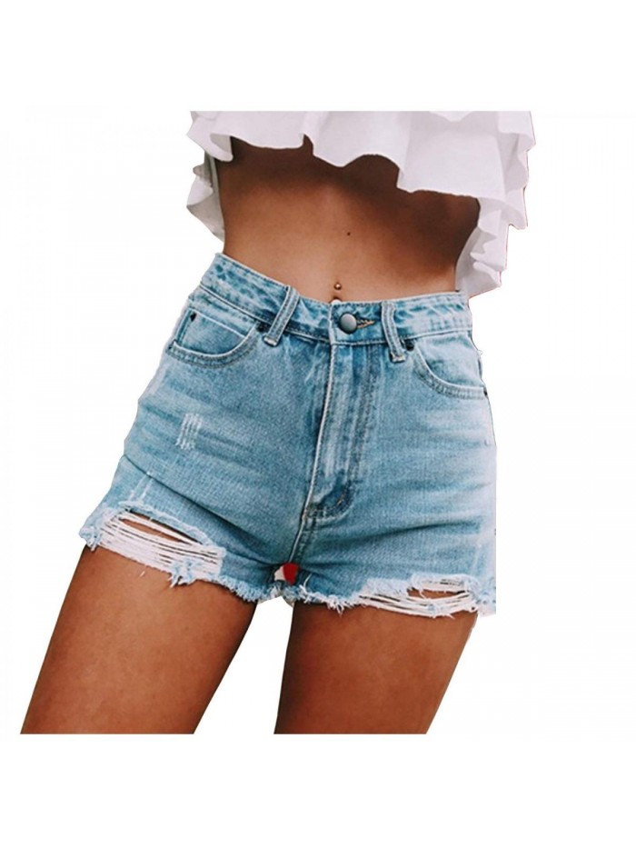 Ripped Solid Denim Jean Shorts High Waisted Stretchy Insert Pockets Casual Short Jeans 