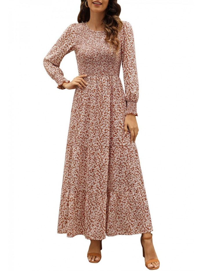 Women's Round Neck Long Puff Sleeve Smocked Ruffle Tiered Floral Maxi Dress 