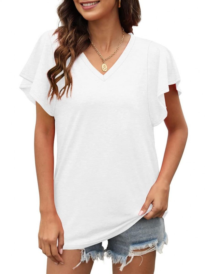 Womens Summer Tops V Neck Loose Fit T Shirts Ruffle Sleeve Tops 
