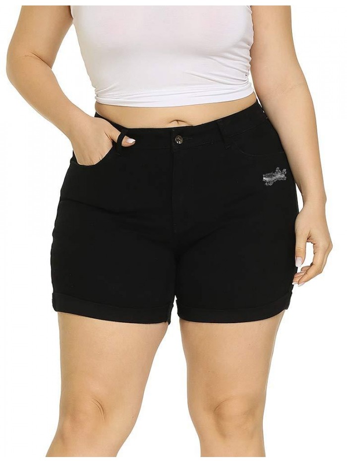 Plus Size Denim Shorts Women High Waisted Ripped Folded Hem Jean Shorts 