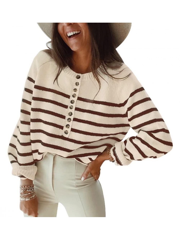 Women's Casual Long Sleeve Striped Button Down Crew Neck Knit Pullover Sweaters Tops 