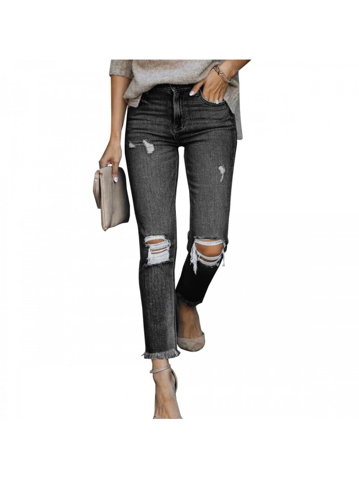 Womens Ripped Boyfriend Jeans high Waisted Straight Leg Distressed Stretch Denim Ankle Pants 
