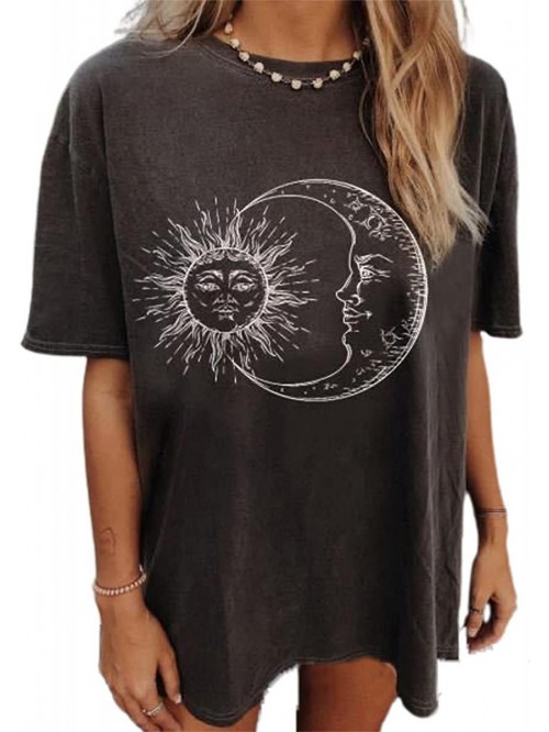 Women Sun and Moon Tie Dye T-Shirt Round Neck Shor...