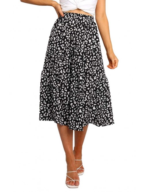 Women's Boho Leopard Print Skirt Pleated A-Line Sw...